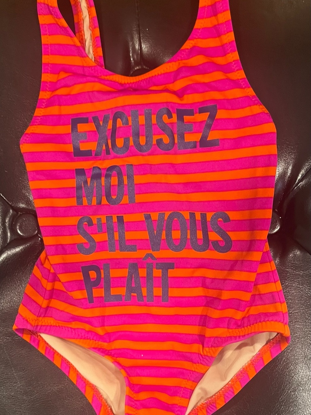 Crewcuts Neon Pink and Orange Striped One-Piece Swim with Navy Text